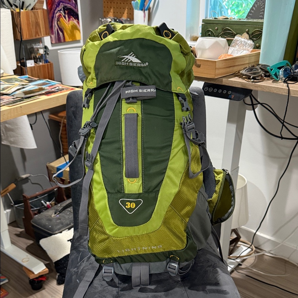 High Sierra Olive Green Hiking Backpack with Lime Accents